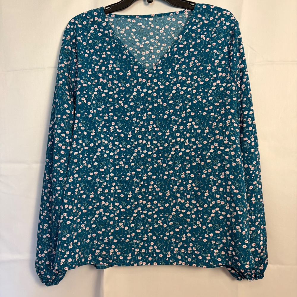 Shein Teal Ditsy Floral V-Neck Long Sleeve Blouse XL 12 Pink White Flower Top